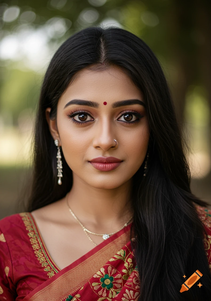 Photorealistic portrait of a Bengali woman in a red saree with intricate embroidery and jewelry, soft blurred background.