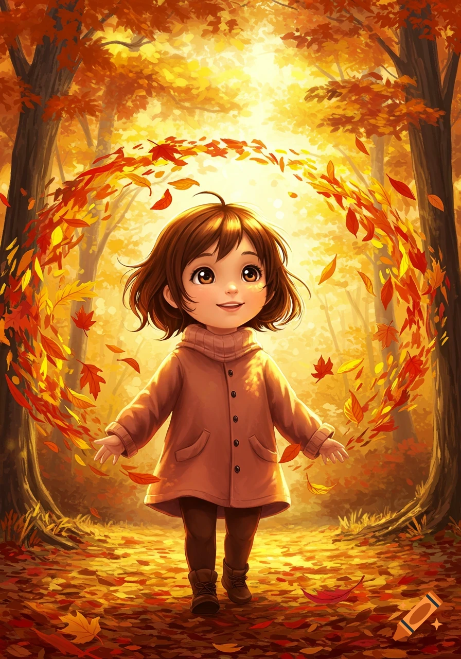 A cute cartoon girl in a brown coat smiles while walking through an autumn forest with swirling orange leaves.
