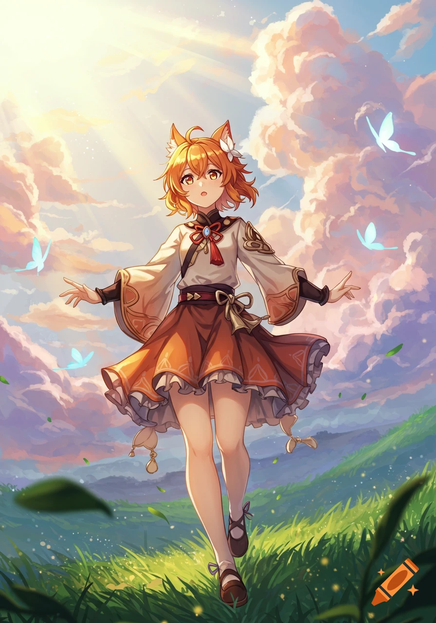 Orange-haired anime girl with fox ears in a ruffled skirt stands in a sunny field with butterflies, Genshin Impact style.