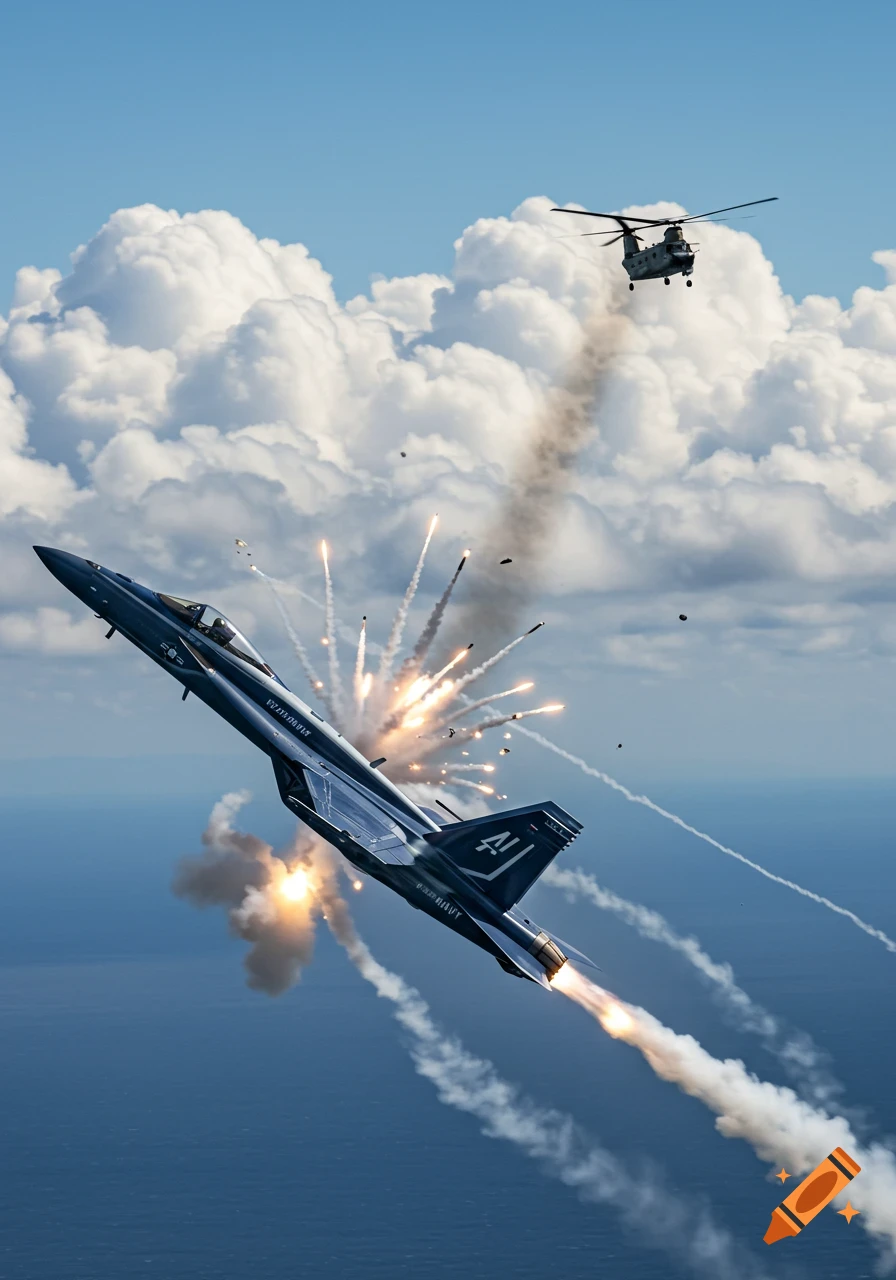 A photorealistic image of a dark blue F-18 fighter jet firing flares as it descends over an ocean, with a Chinook helicopter above it amidst clouds.