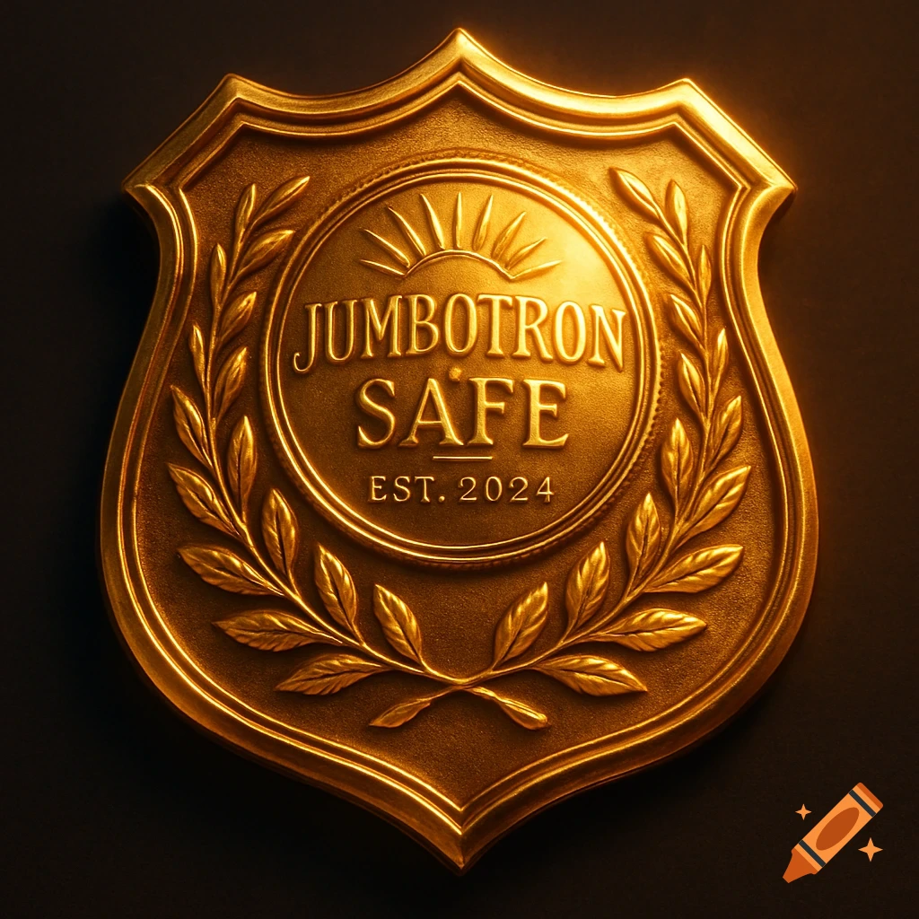 A golden shield-shaped badge with 'JUMBOTRON SAFE EST. 2024' embossed on it, surrounded by laurel branches, against a dark background.