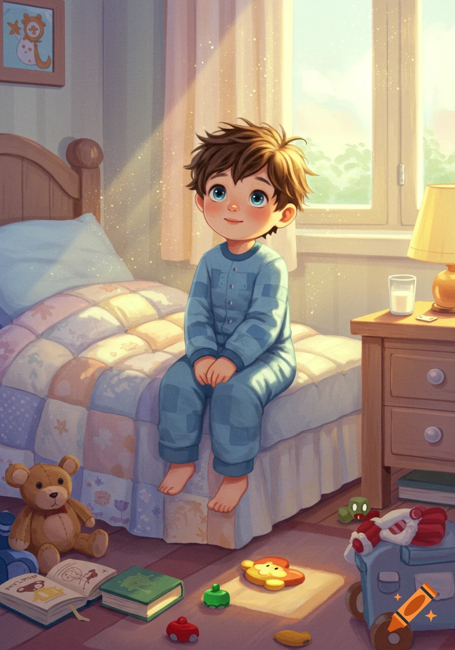 An illustrated image of a cute young boy with messy brown hair and blue eyes, wearing blue pajamas, sitting on a colorful quilted bed in a sunlit bedroom. Toys are on the floor.
