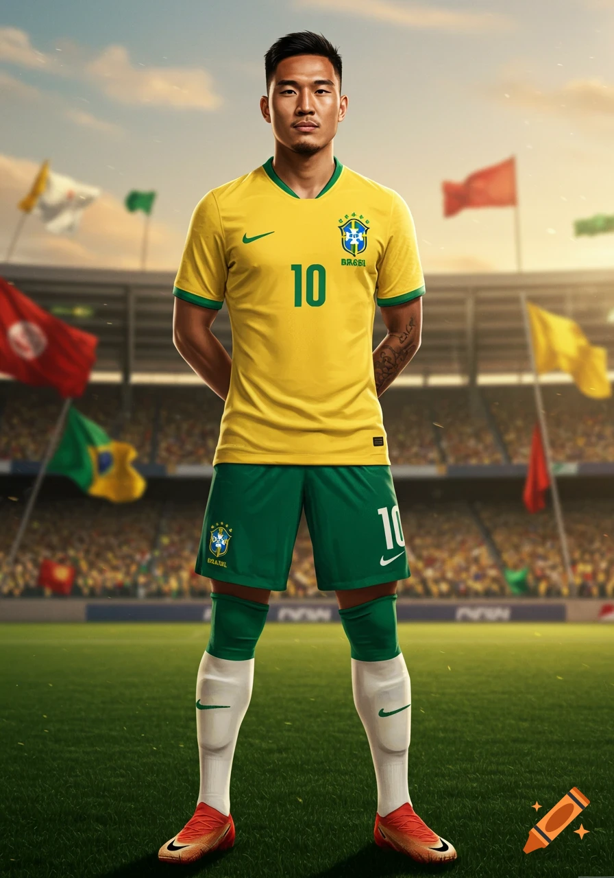 A photorealistic portrait of an Asian male soccer player in a yellow and green Brazil national team kit with the number 10, standing on a stadium field.