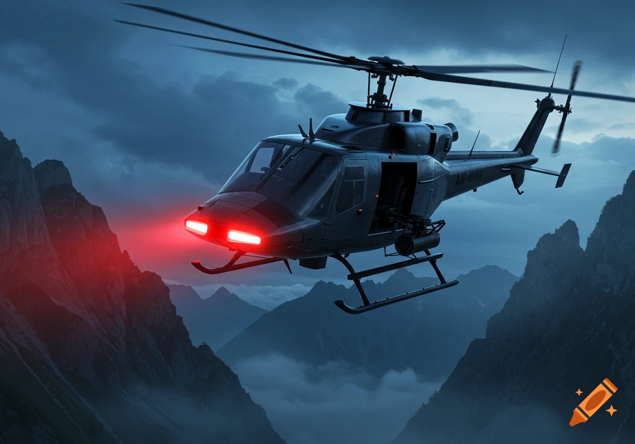 A military-style helicopter with glowing red lights flies through dark, cloud-covered mountains at dusk.