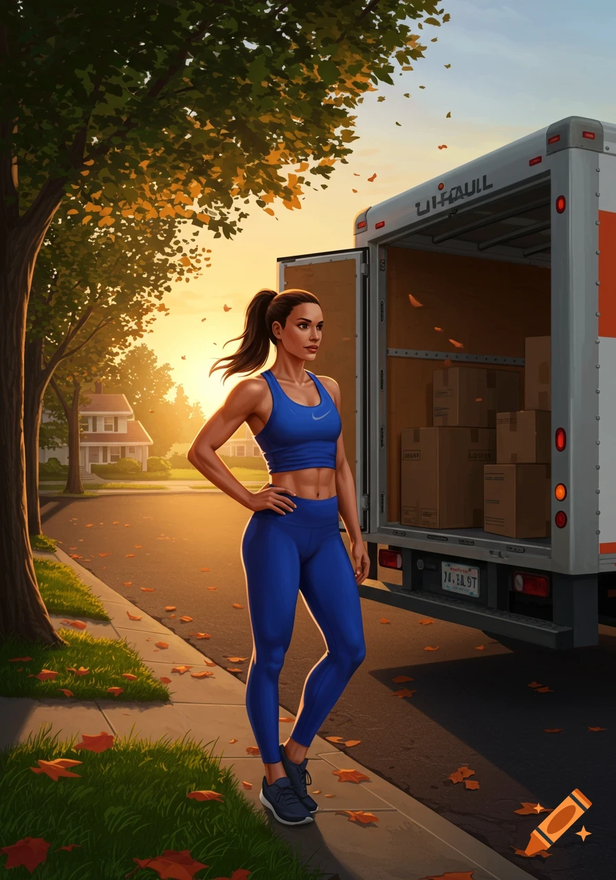 An athletic woman in blue workout gear stands next to a U-Haul truck on an autumn evening street.