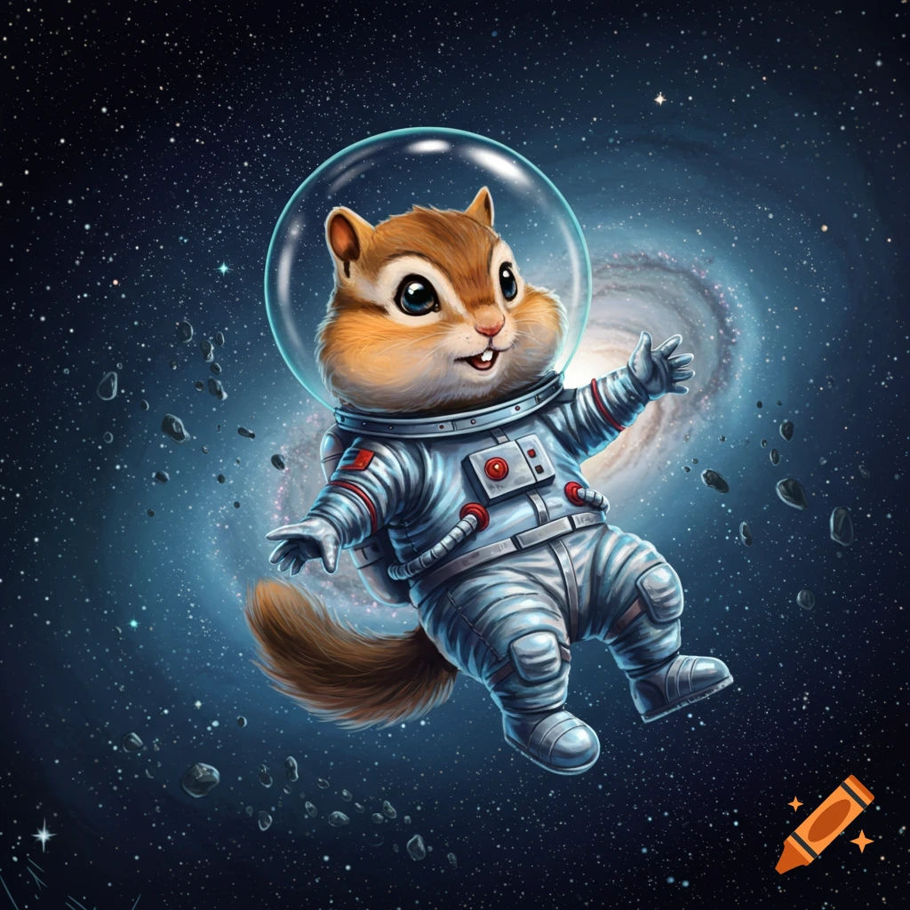 A cute, cartoon chipmunk in a silver spacesuit floats in outer space surrounded by stars, asteroids, and a spiral galaxy.