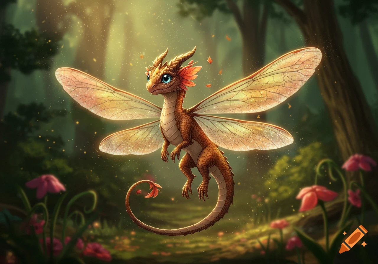 A cute, small brown dragon with large, translucent dragonfly-like wings and blue eyes hovers in a sun-dappled forest, with glowing particles and pink flowers.