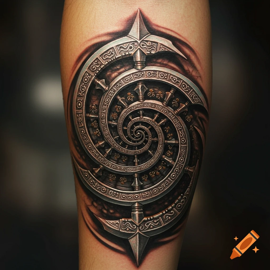 A detailed realistic tattoo of a metallic, swirling chakram design with intricate patterns on a person's arm.