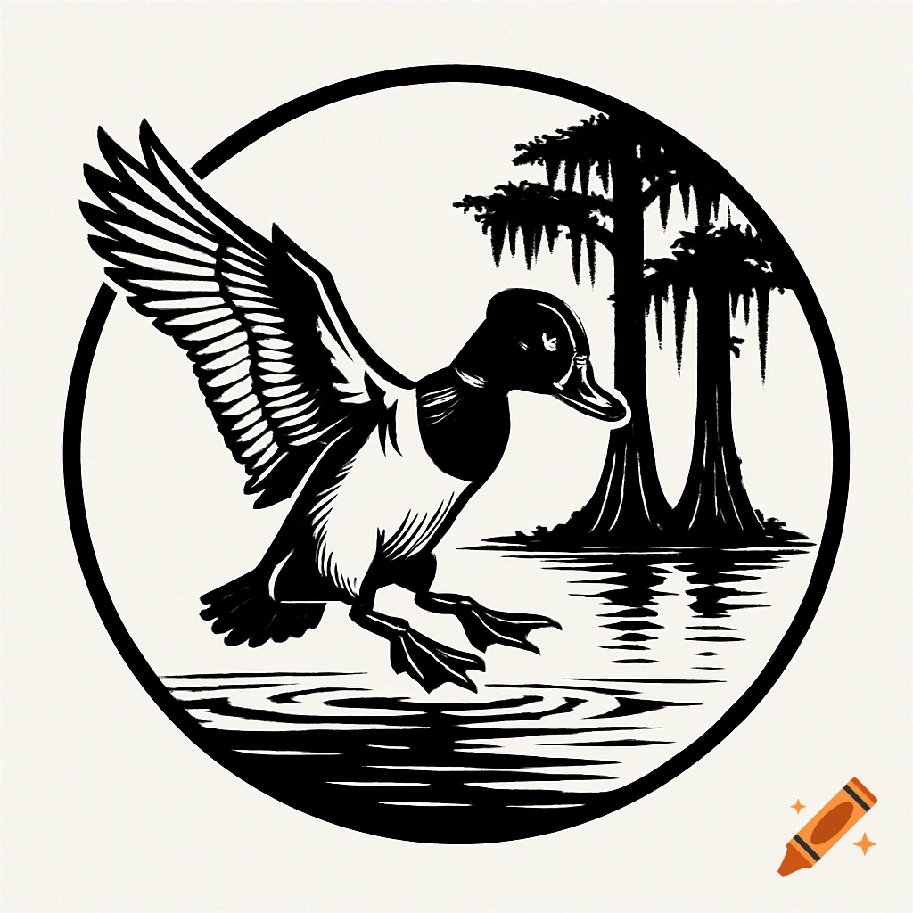 A black and white logo featuring a duck landing in a swamp with cypress trees in the background.