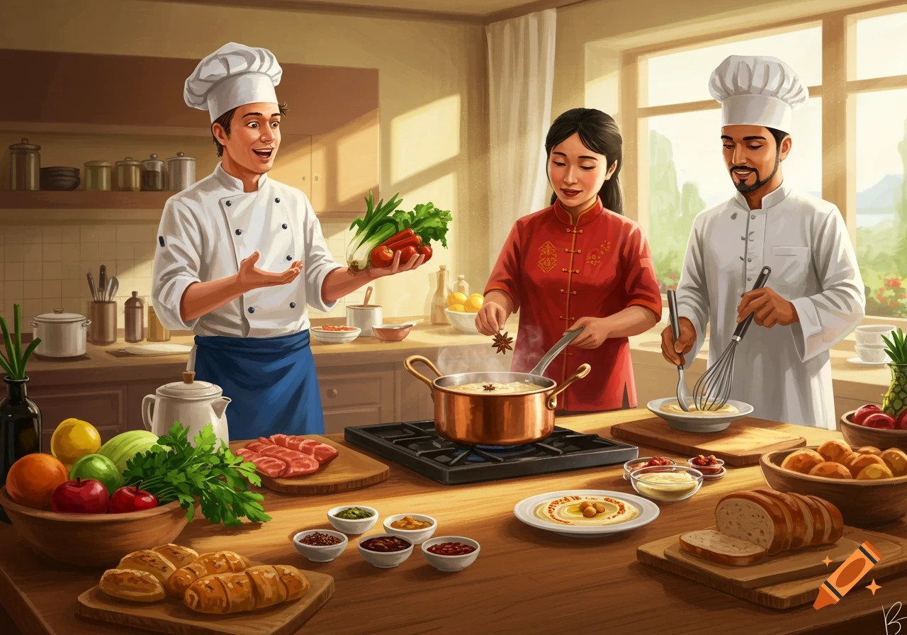 Three chefs, one Australian, one Chinese, and one Arabic, cook breakfast food together in a sunlit kitchen, surrounded by ingredients.