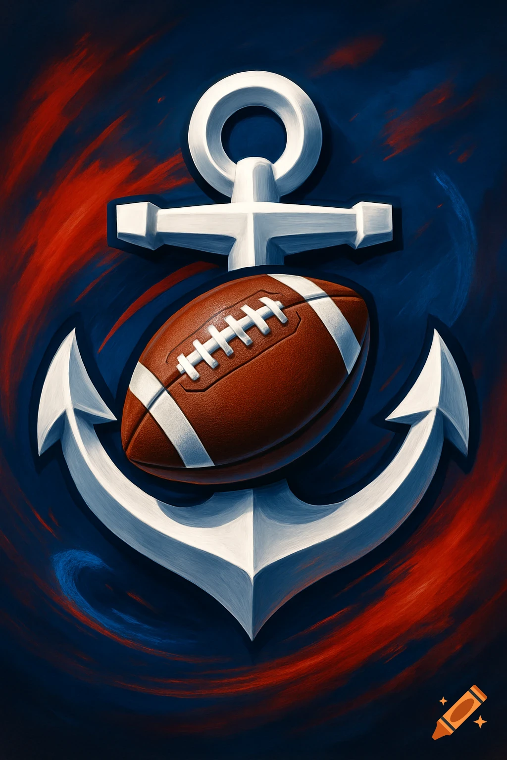 An illustrative image of a white boat anchor with an American football resting on it, against a swirling red and blue background.