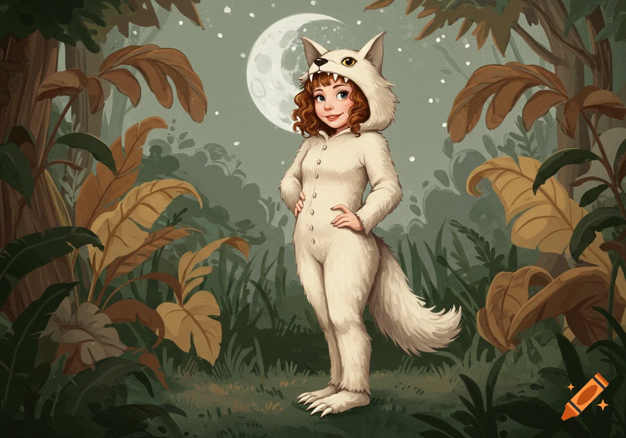 An illustration of a girl in a white wolf costume standing in a forest at night under a full moon.