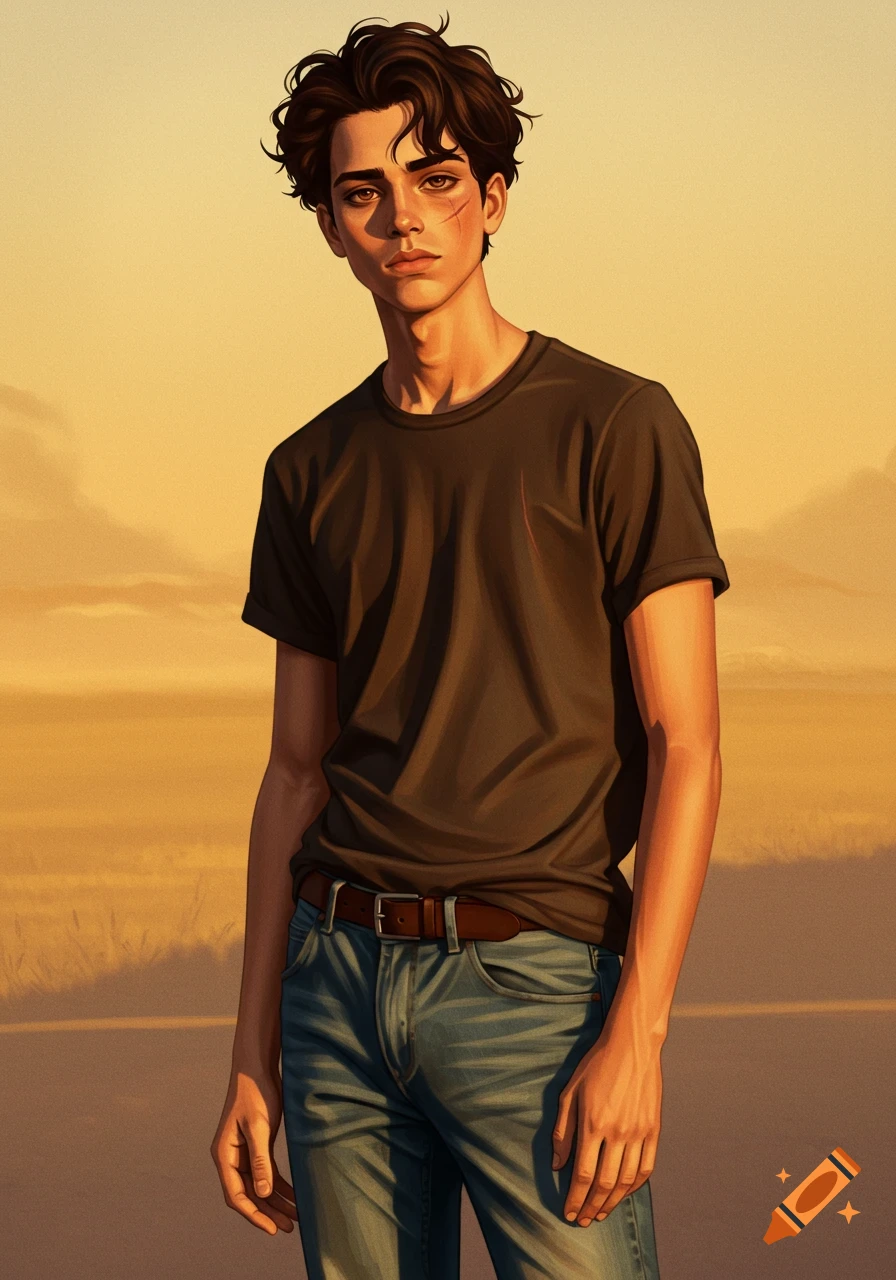 A young man with dark, messy hair and a scar on his cheek stands looking forward, wearing a dark t-shirt and jeans against a warm, sunny outdoor background.