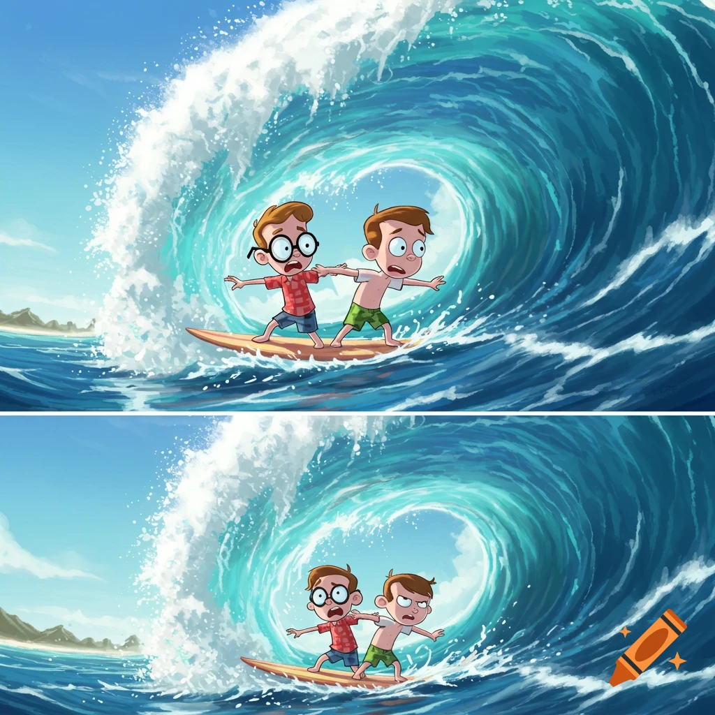 Two cartoon boys, one with glasses, surf a large blue ocean wave in a two-panel illustration.