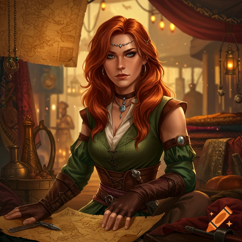 A red-haired woman with green eyes in a green outfit sits at a table with maps and a pen in a bustling, warmly lit fantasy market.