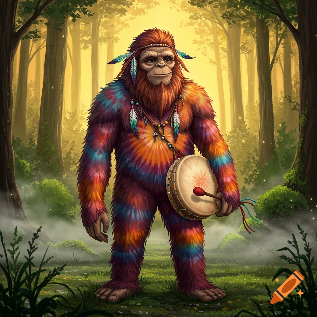 A colorful tie-dye Bigfoot holding a drum, standing in a sunlit forest.