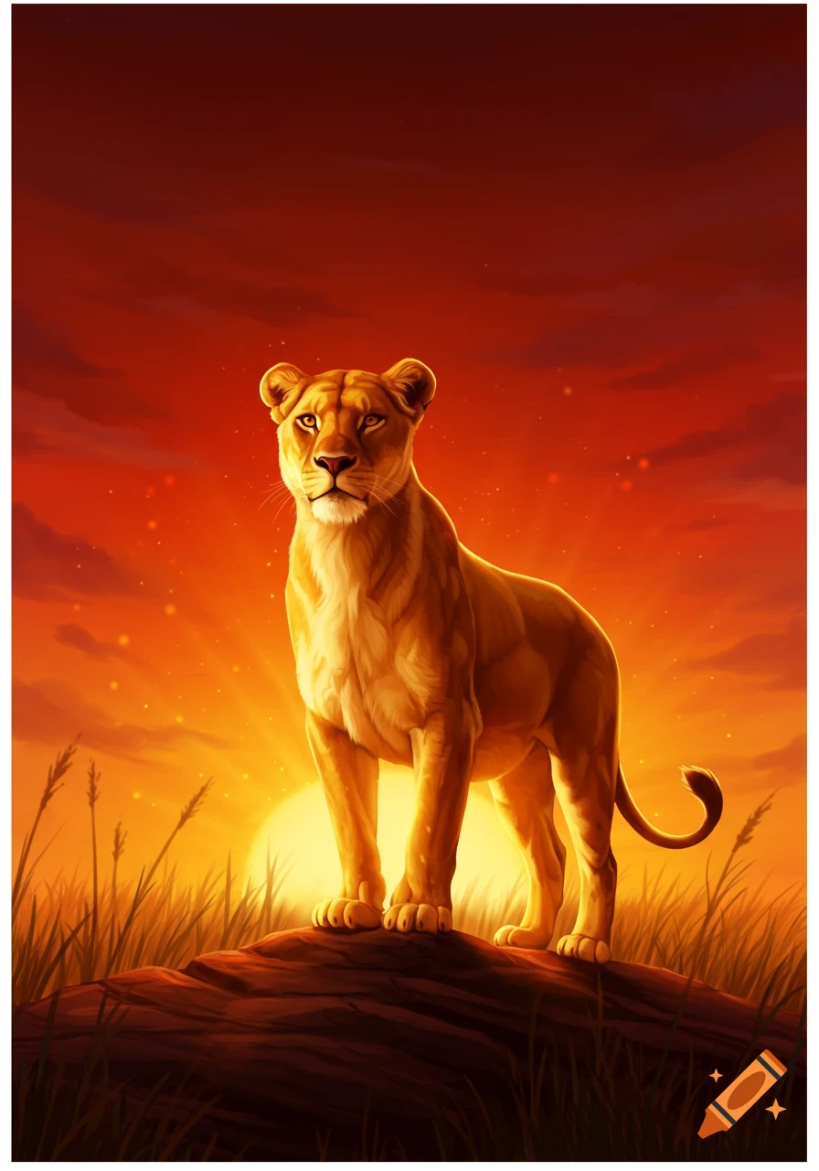 A majestic lioness stands on a rocky mound against a vibrant orange and red sunset sky, with a large glowing sun.