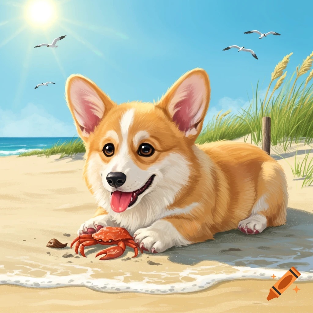 A cute cartoon corgi dog lies on a sunny beach next to a red crab.