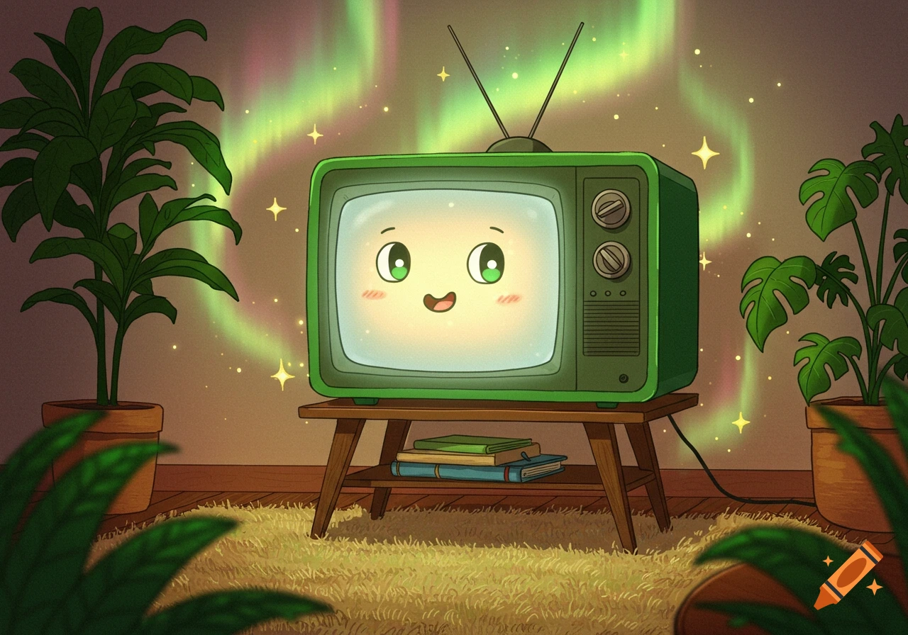 A green cartoon TV with a smiling face sits on a wooden stand in a room with plants, glowing with green aurora lights.