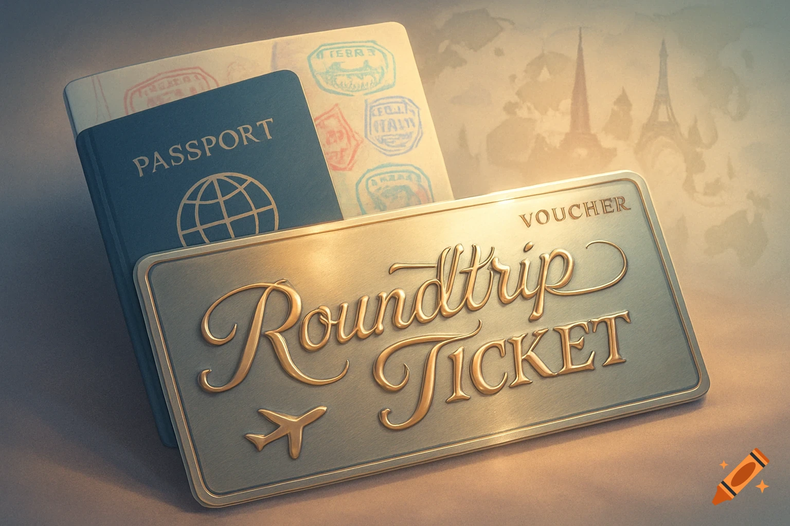 An illustrated blue passport and a golden roundtrip ticket voucher with an airplane icon against a map background.