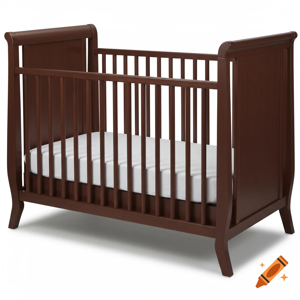 A dark brown wooden baby crib with a white mattress on a white background.