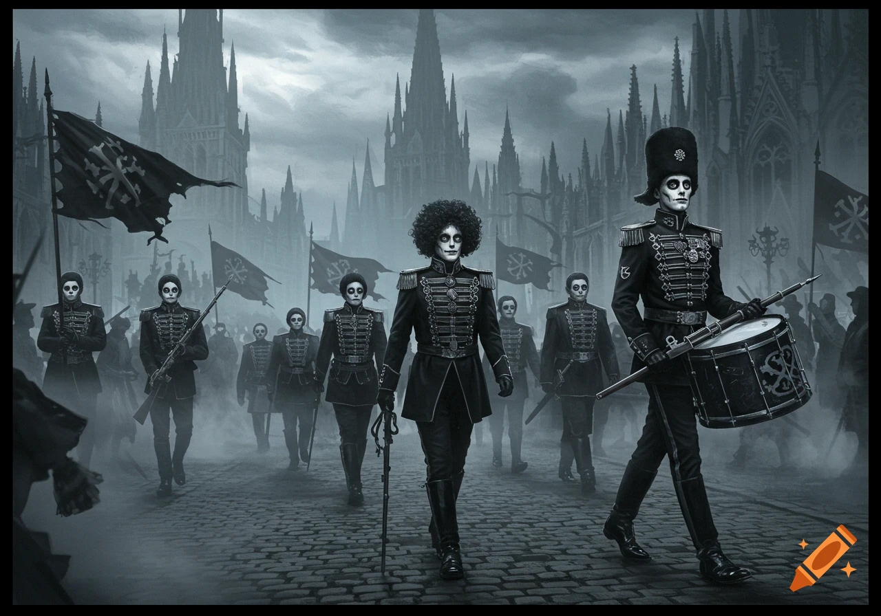 Grayscale gothic military procession with skull-faced figures in black uniforms, carrying flags and a drum on a cobblestone street.