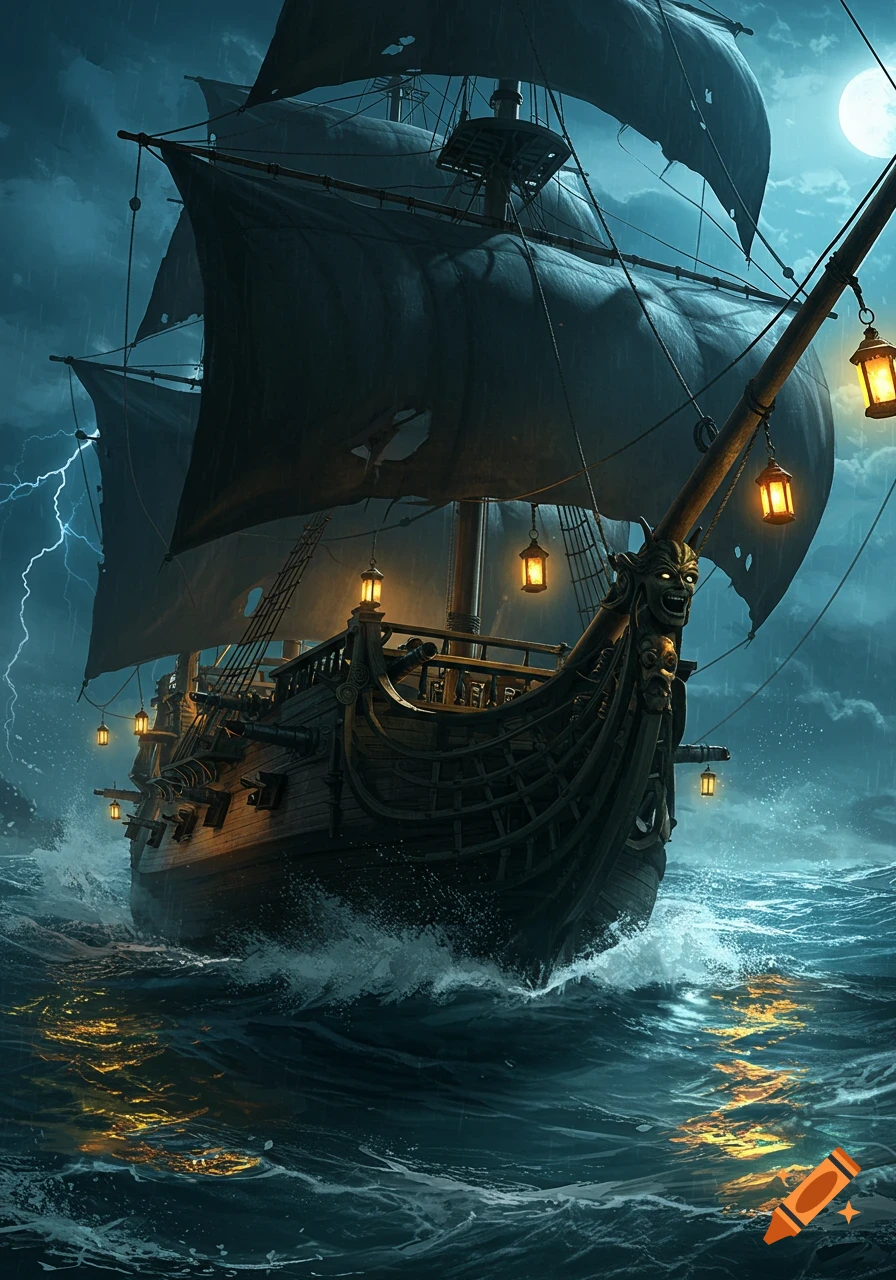 A dramatic illustration of a pirate ship with black sails and lit lanterns battling stormy seas under a full moon and lightning.