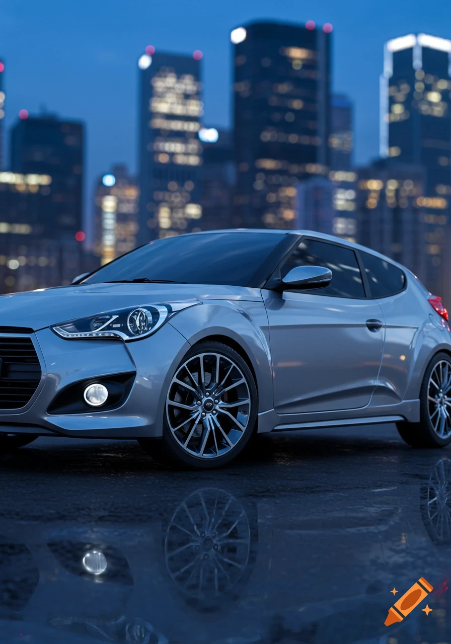 A photorealistic image of a silver 2015 Hyundai Veloster Turbo with custom wheels, parked on a wet street at night in front of a city skyline.