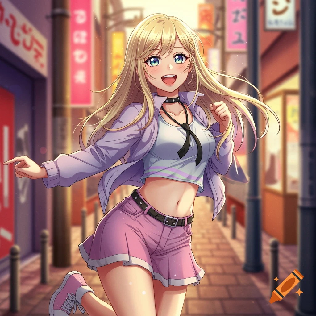Anime girl with blonde hair, wearing a white crop top, lavender jacket, and pink shorts, running on a bustling Japanese street.