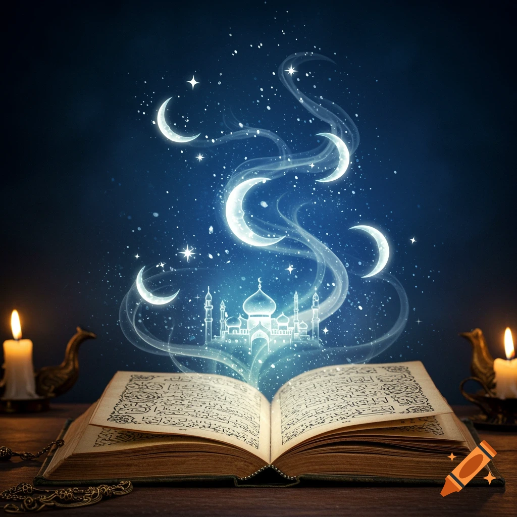 An open, old-fashioned book glows with magical blue light, from which ethereal wisps, crescent moons, stars, and a mosque silhouette float upwards into a dark, starry night sky, flanked by lit candles.