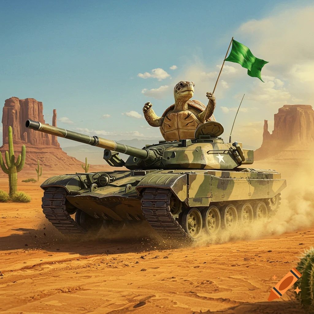 A photorealistic turtle drives a camouflage tank through a dusty desert, holding a green flag, with rock formations and cacti.