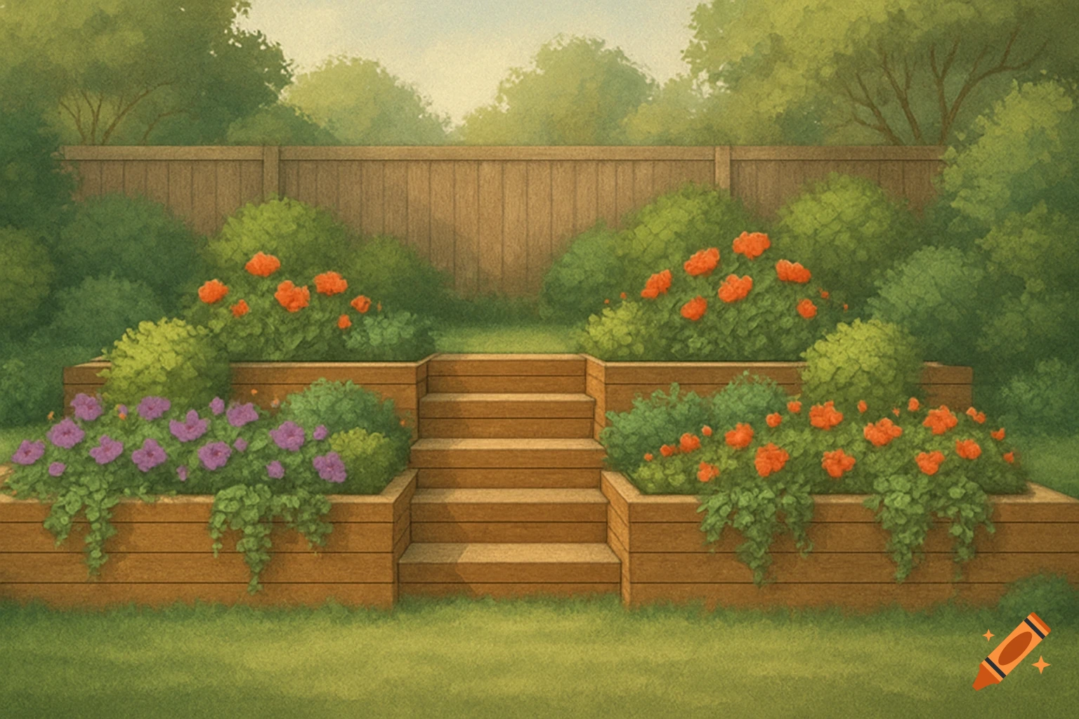 A serene garden featuring wooden raised flower beds with red and purple flowers, a central wooden staircase, a fence, and lush green trees in a painterly style.