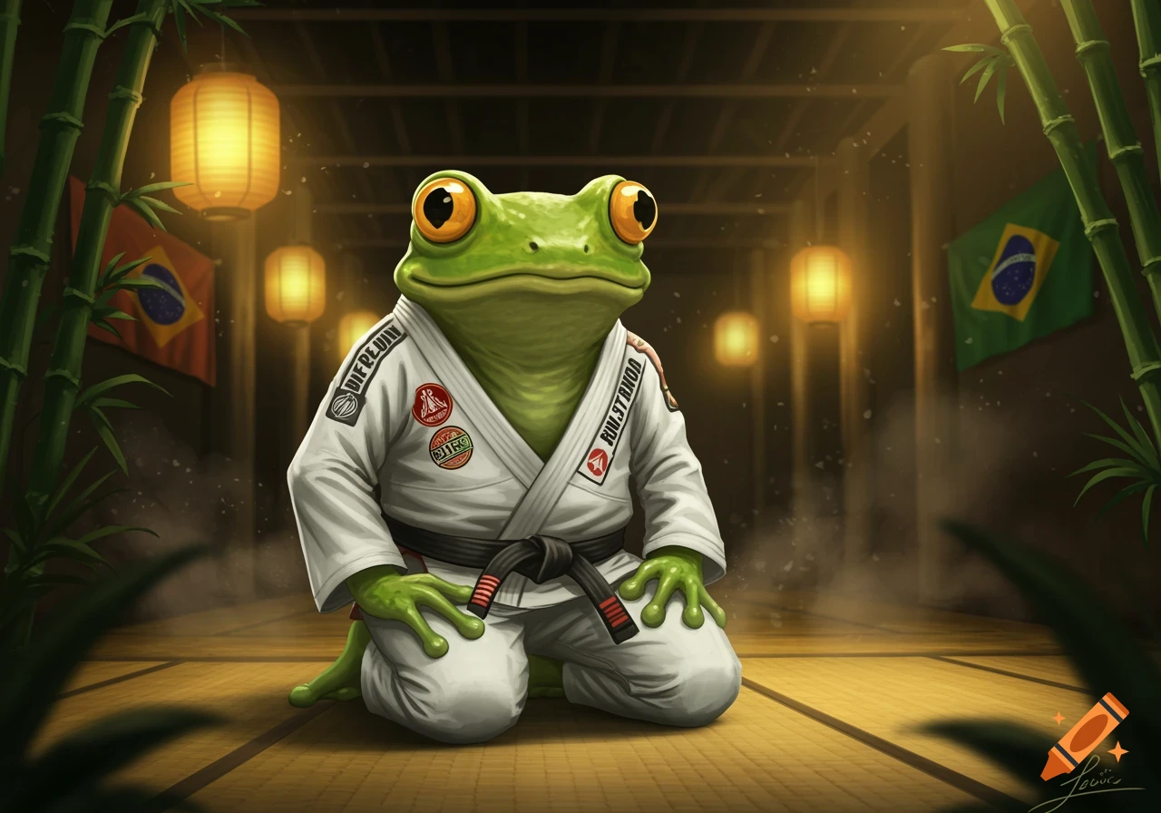 A cartoon frog wearing a white martial arts gi and black belt kneels on a mat in a dojo with Brazilian flags.