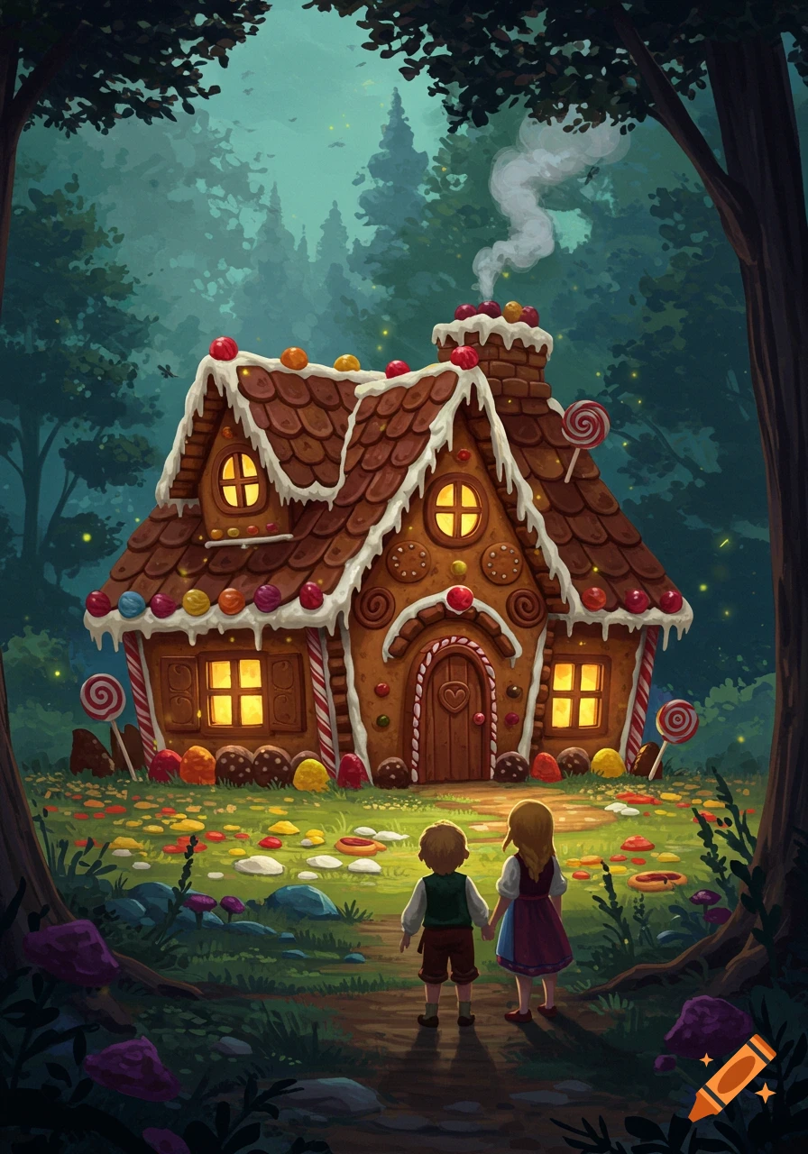 Two children look at a large gingerbread house in a dark forest, lit from within, with glowing candies and lollipops.