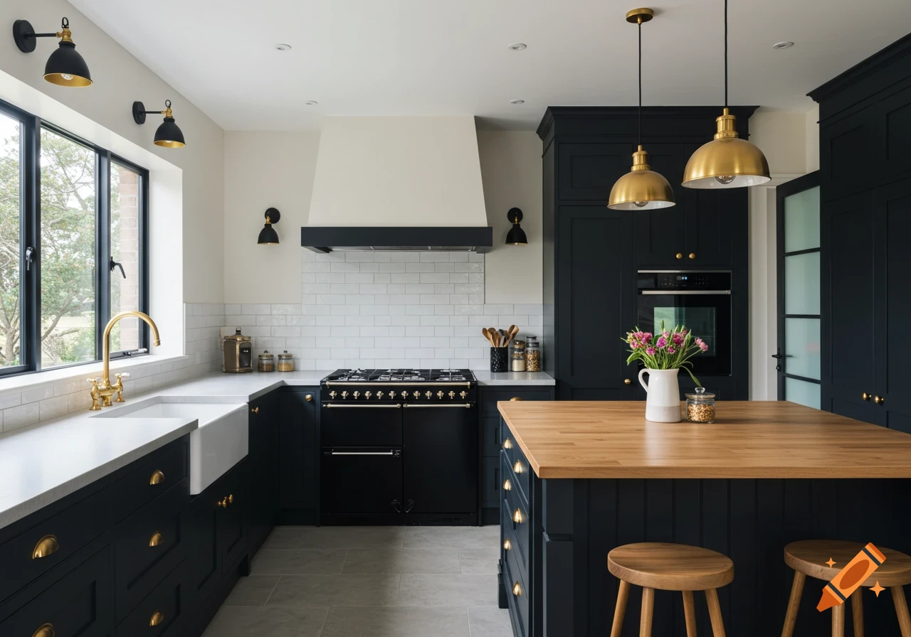 A stylish farmhouse kitchen with dark blue cabinets, brass hardware, light countertops, and a wooden island with stools.