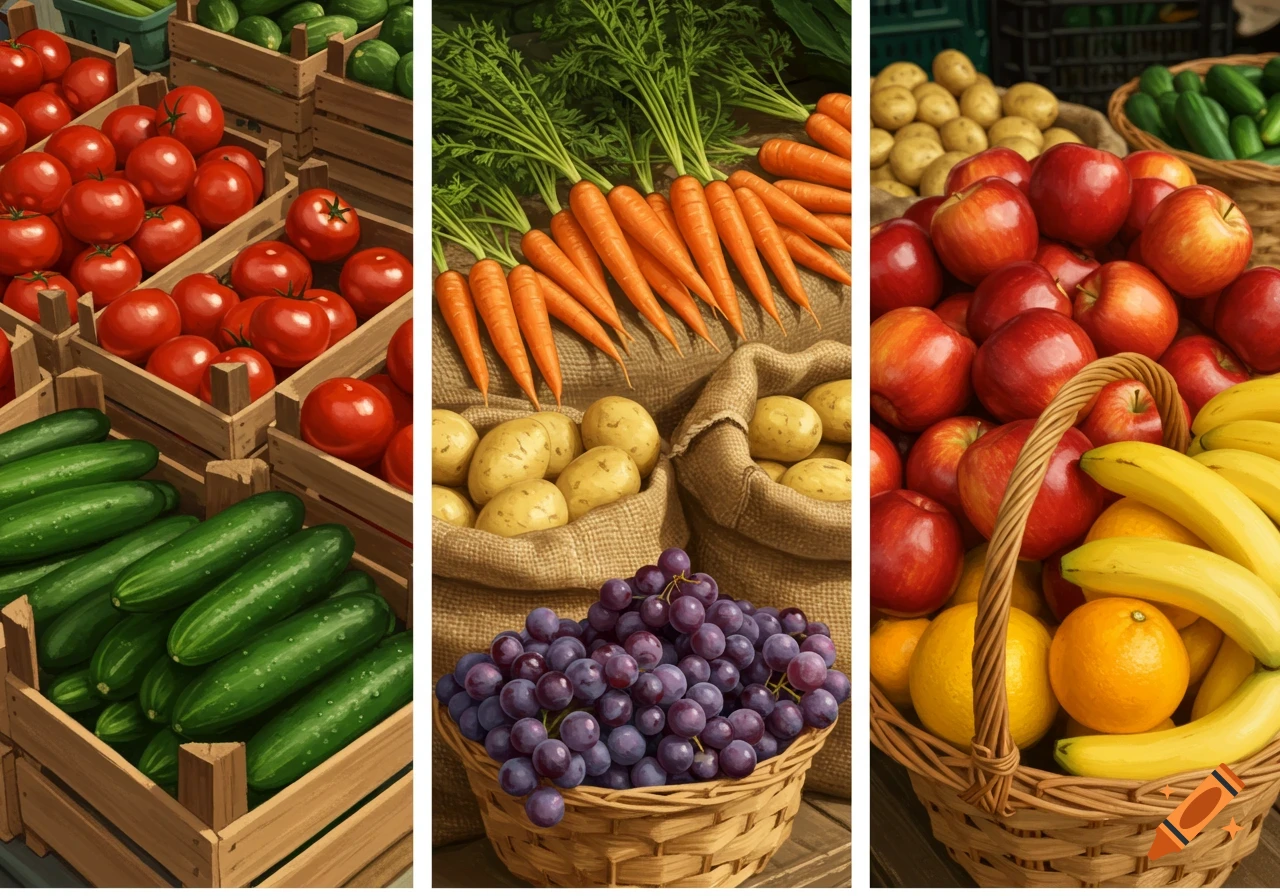 Three panels show market produce: tomatoes and cucumbers, carrots, potatoes, grapes, apples, oranges, and bananas in baskets and crates.