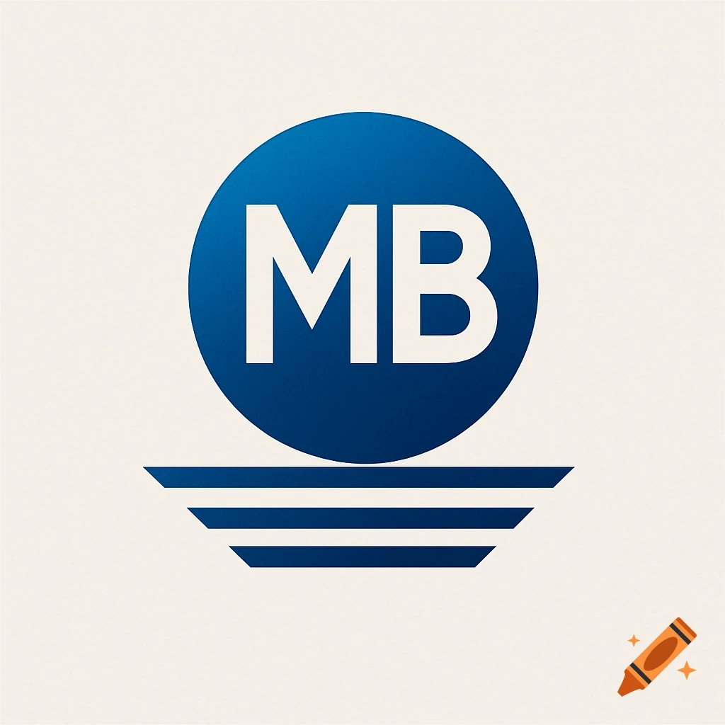 A blue circle with white letters MB above blue horizontal lines on a light background, forming a logo.
