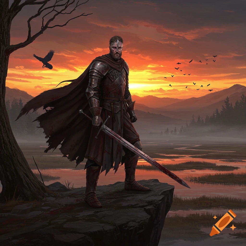 A battle-hardened knight in armor stands on a cliff holding a bloody sword, overlooking misty riverlands at a dramatic sunset.