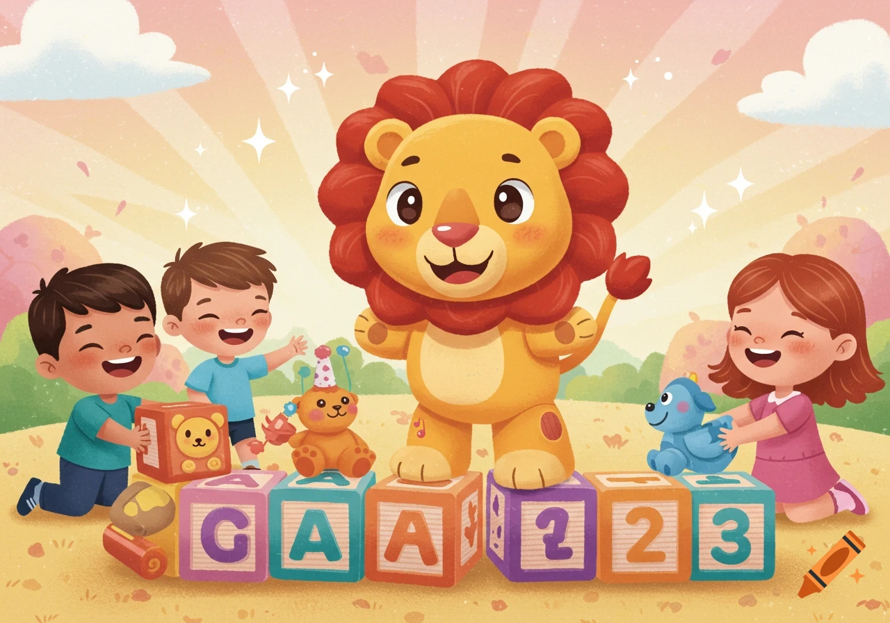 A happy cartoon lion stands on colorful alphabet blocks, surrounded by smiling children playing with toys in a sunny outdoor setting.