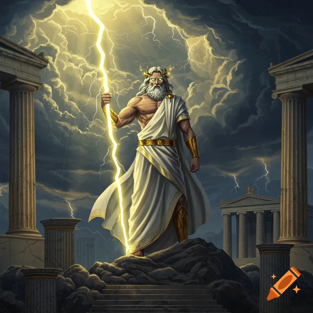 Zeus, king of the gods, stands powerfully on a rocky outcrop, holding a bright lightning bolt amidst a stormy sky with ancient Greek ruins.