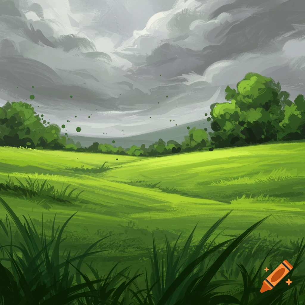 An abstract impressionist painting of a lush green hilly landscape under a cloudy grey sky.