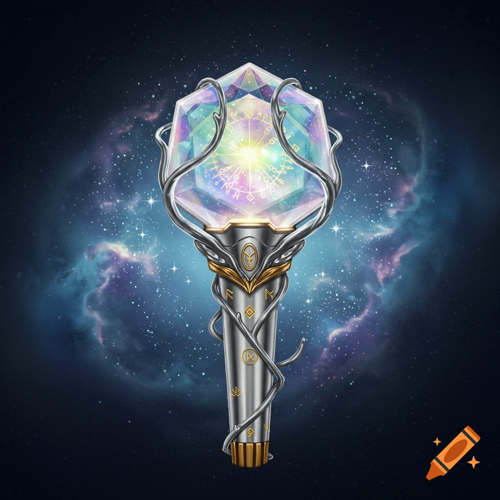 A glowing, faceted crystal lightstick with intricate silver and gold metallic accents, set against a vibrant background of a nebula and stars.