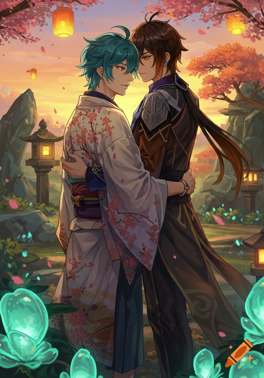 Two anime-style male characters embrace in a Japanese-inspired garden with cherry blossoms and lanterns at sunset. Digital art.