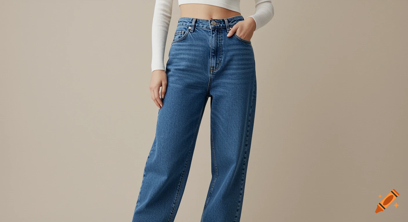 A person wearing blue baggy jeans and a white crop top against a plain beige background.