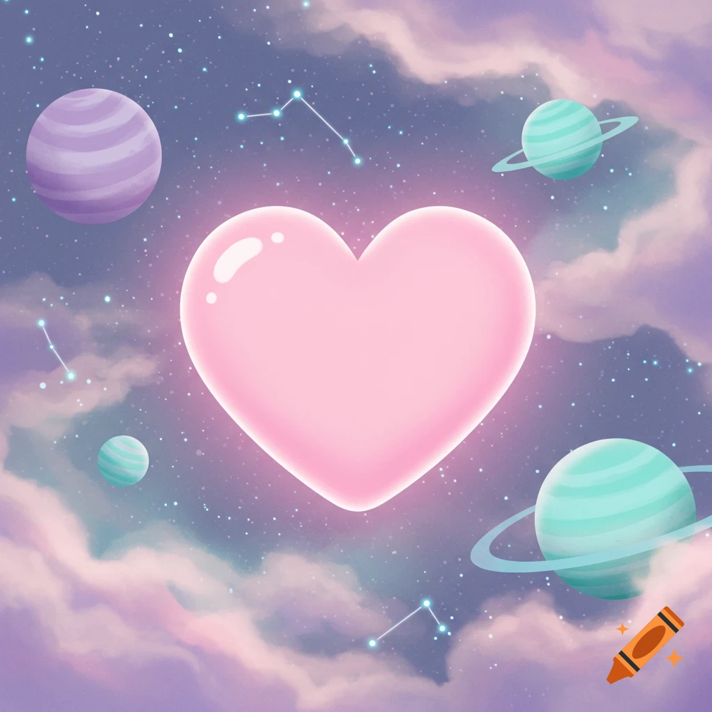 A glowing pink heart centered in a dreamy space scene with planets, stars, and pastel clouds in an illustration style.