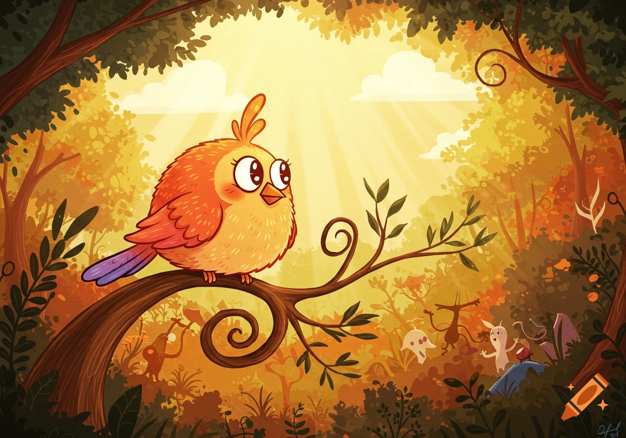 A plump, cute, orange cartoon bird with big eyes perches on a tree branch in a sunny, golden forest with whimsical creatures in the background.