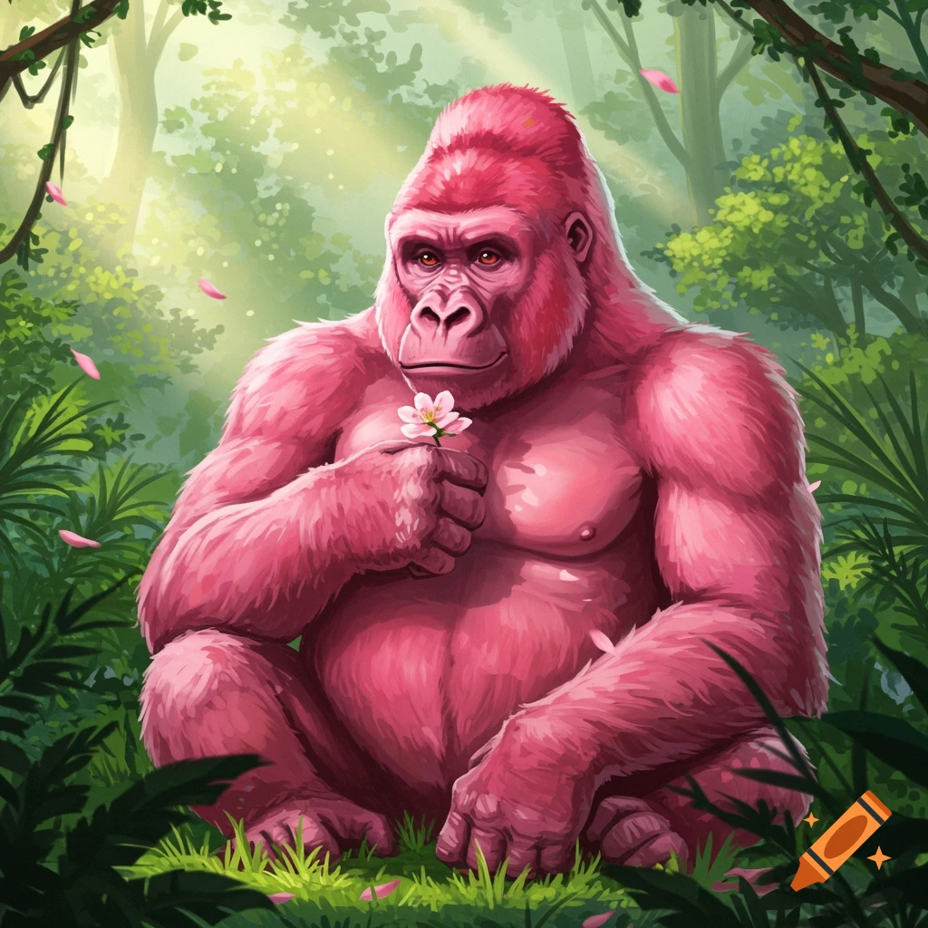 A pink gorilla sits in a lush green jungle, holding a delicate pink and white flower. Sunlight filters through the trees.