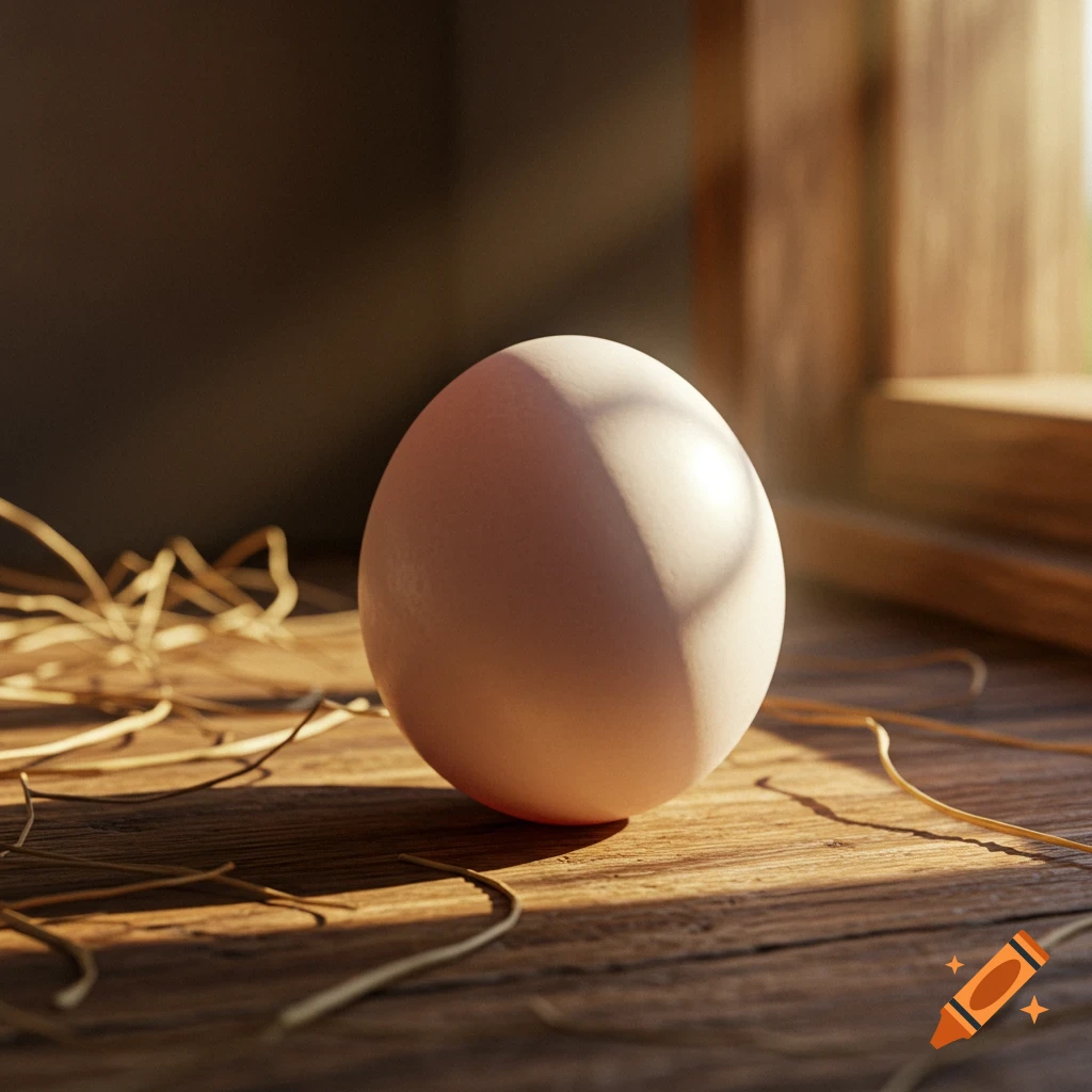 A single egg rests on a rustic wooden surface with scattered straw, bathed in warm sunlight filtering from a window.