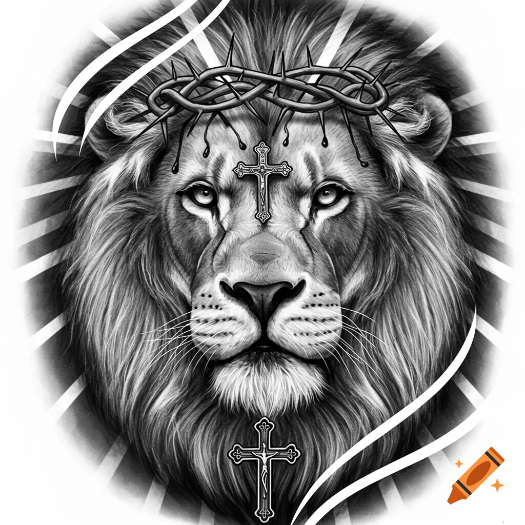 Black and white realistic tattoo design of a lion's head wearing a crown of thorns, with crosses and rays of light.