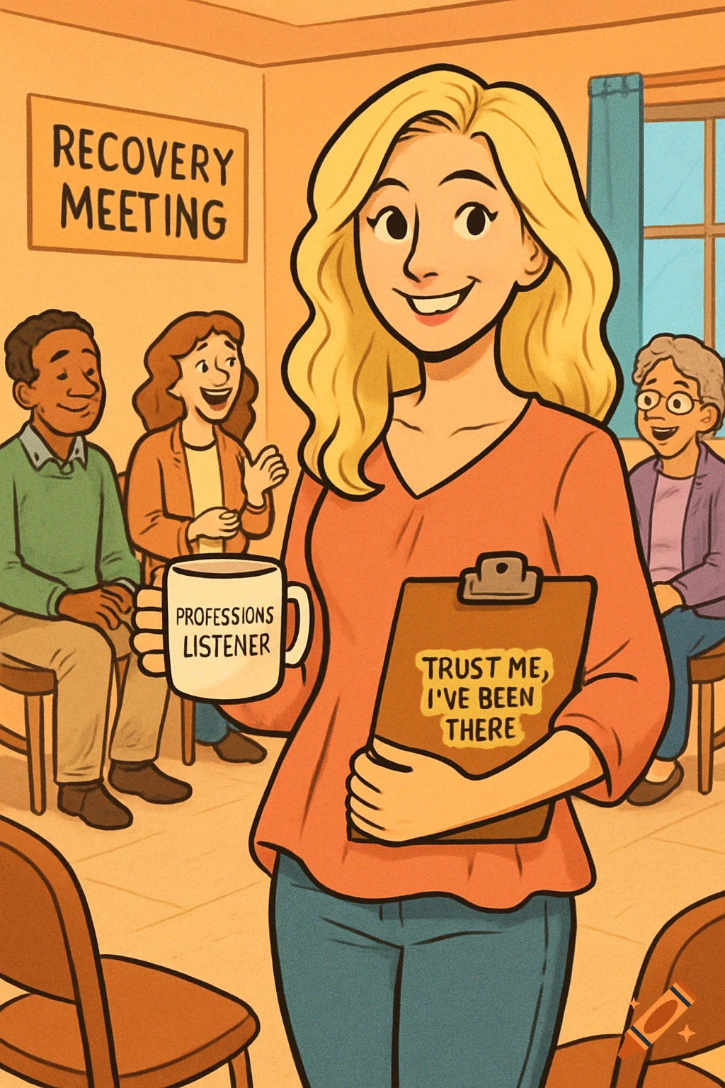 Cartoon of a smiling blonde woman holding a mug and clipboard at a recovery meeting, with diverse people in the background.